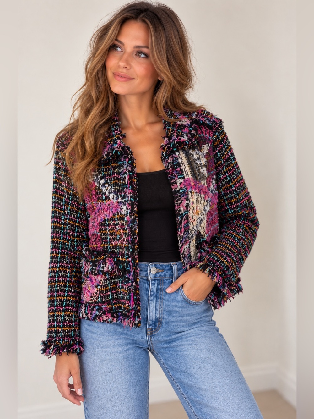 Vintage Sandy Starkman Artwear Tweed Fringe Jacket Multicolor XXL Retail $450